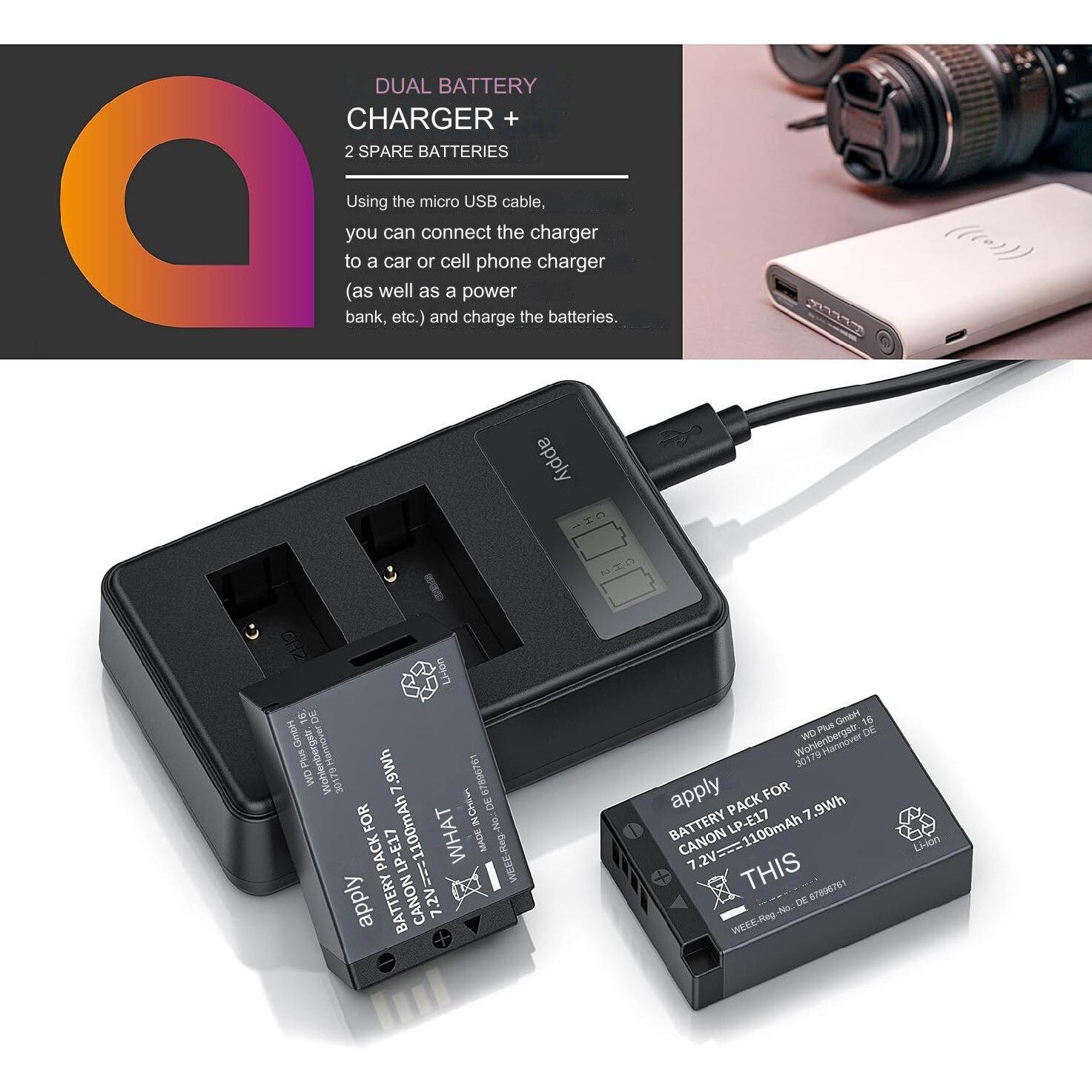 2 Batterie LP-E17 1800mAh + Caricatore USB Per Canon EOS RP, Rebel SL2/3, M3/M5/M6, Ecc. - Foto 4