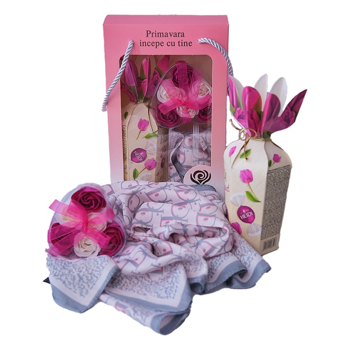 Pachet Special Spring, cu esarfa, bomboane de ciocolata si sase trandafiri din sapun in cutie eleganta, Roz, VELVE