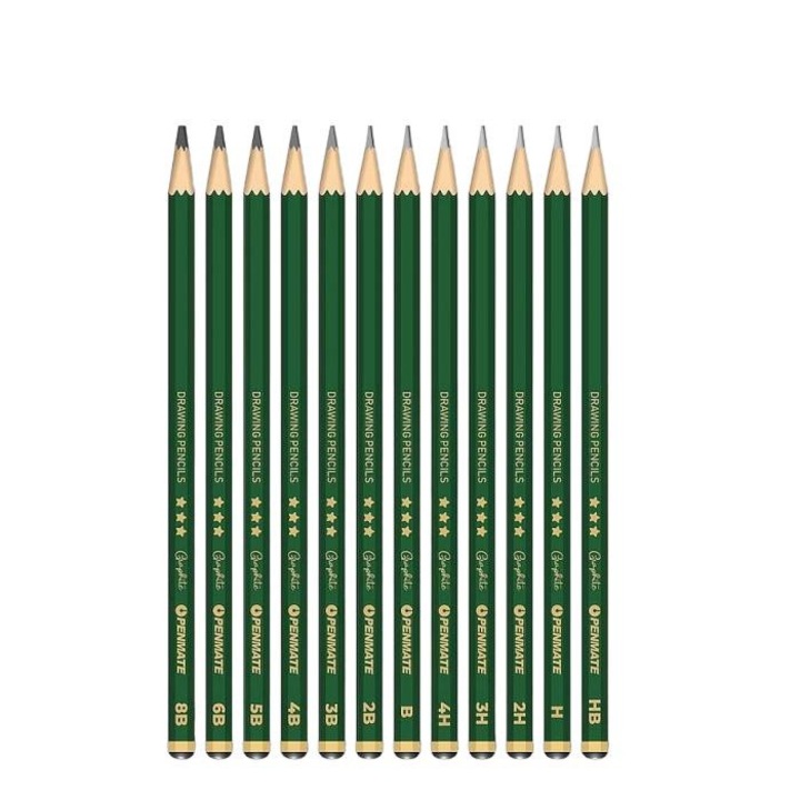 Комплект от 12 молива, Penmate, Wood, Fine Art, 4H-8B, Green