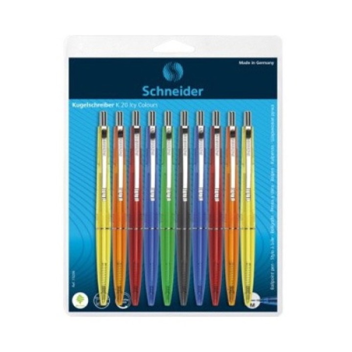 10 db nyomógombos toll készlet, Schneider, K20 ICY M, kék betét, többszínű