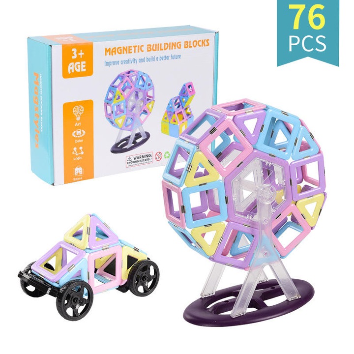 Set inteligent de constructie cu blocuri magnetice MaGeCa®, 76 de piese colorate, Magnetic Building Blocks, Educativ si creativ, Dezvoltarea abilitatilor motrice si a imaginatiei, Numeroase posibilitati de construit, 3 ani+