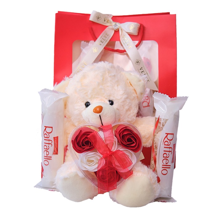 Set cadou Special Valentine, cu ursulet de plus, trandafiri din sapun in cutie eleganta si praline Raffaello, Crem, VELVE