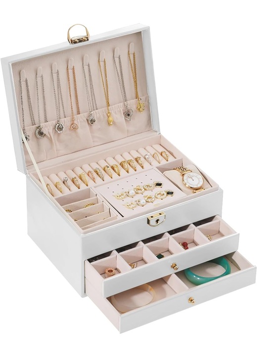 Дамска кутия за бижута, 2 чекмеджета, Еко кожа/Кадифе, 24 x 18,5 x 14,5 cm, Бяла