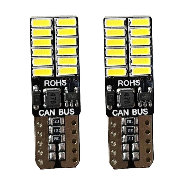 Set 2 becuri LED T10 Canbus, W5W, 24 LED SMD, 12V, BZRSH, fara eroare, pentru pozitie, plafoniera, portbagaj, semnalizare, lumini oglinda, lumini ambientale, lumina alba 6000k