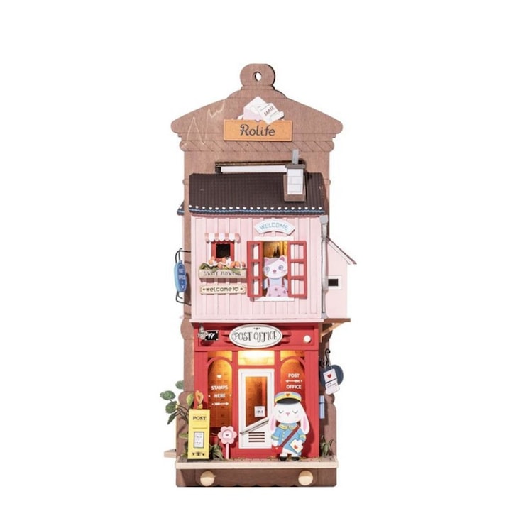 3D fa puzzle miniatűr postahivatal led lámpával DYI 104 db, 11,5 x 5,3 x 30 cm