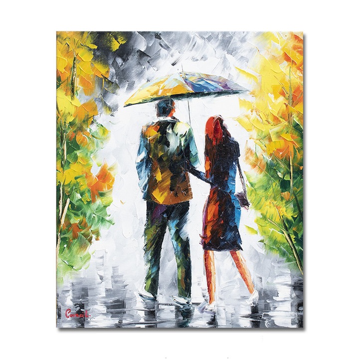 Tablou pictat manual living, dormitor, hol, Noi doi sub o umbrela, 60x50cm ulei pe panza in cutit efect 3D