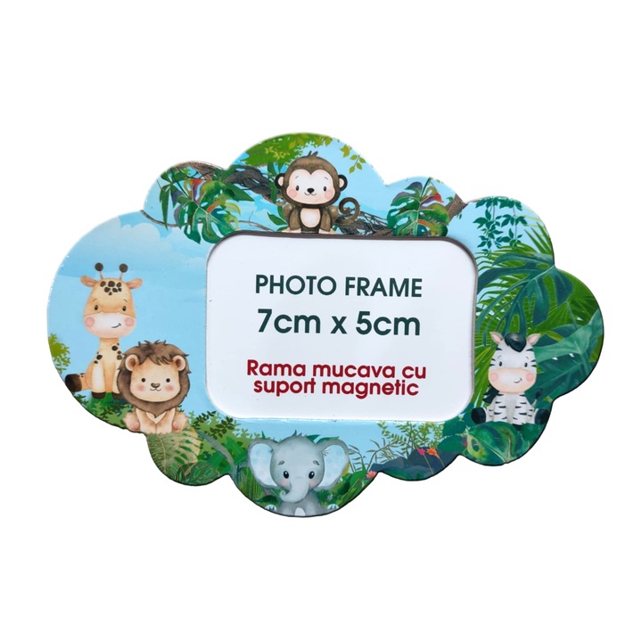 Marturie botez, rama foto animale Safari cu suport magnetic, dimensiune 13.5 x 9.5cm, mucava