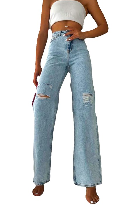 Blugi momfit LIKE Different, cu talie inalta si taieturi ample, Albastru deschis