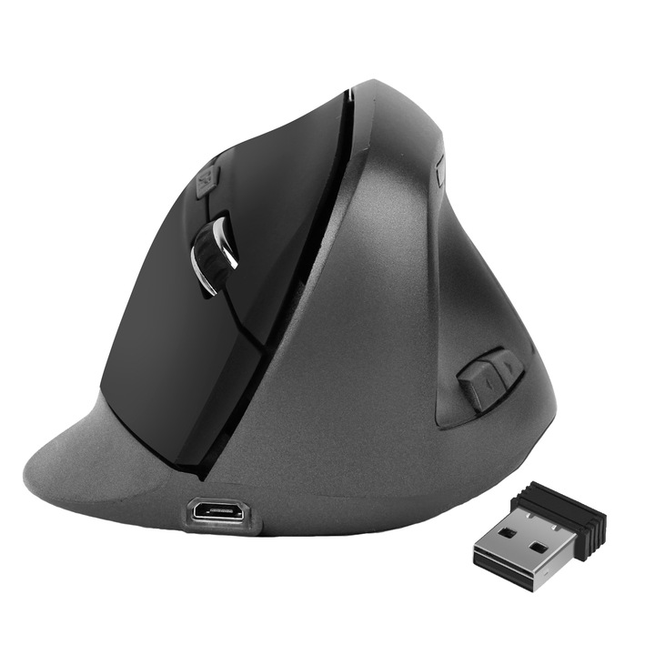 Ergonomikus függőleges egér, BOMSTOM, 2.4G, 1200/1600/2400 DPI, fekete