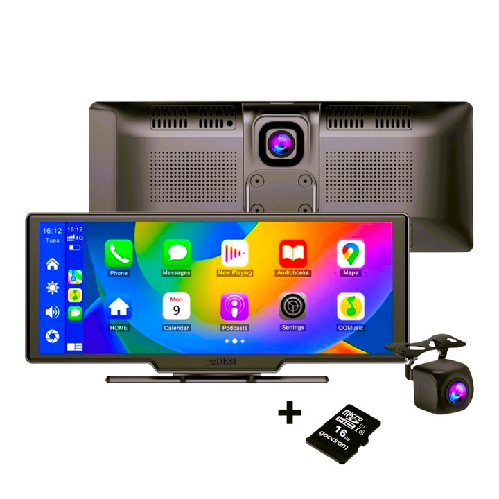 Consola Centrala Multimedia Bluetooth 72DESI, ecran tactil LCD 9.33’’, camera video fata/spate 4K /1080p, Navigatie GPS, Senzor miscare monitorizare parcare, inregistrare in bucla, Control prin apicatie CarPlay/AndroidAuto, Radio FM, Card SD 16 GB, negru