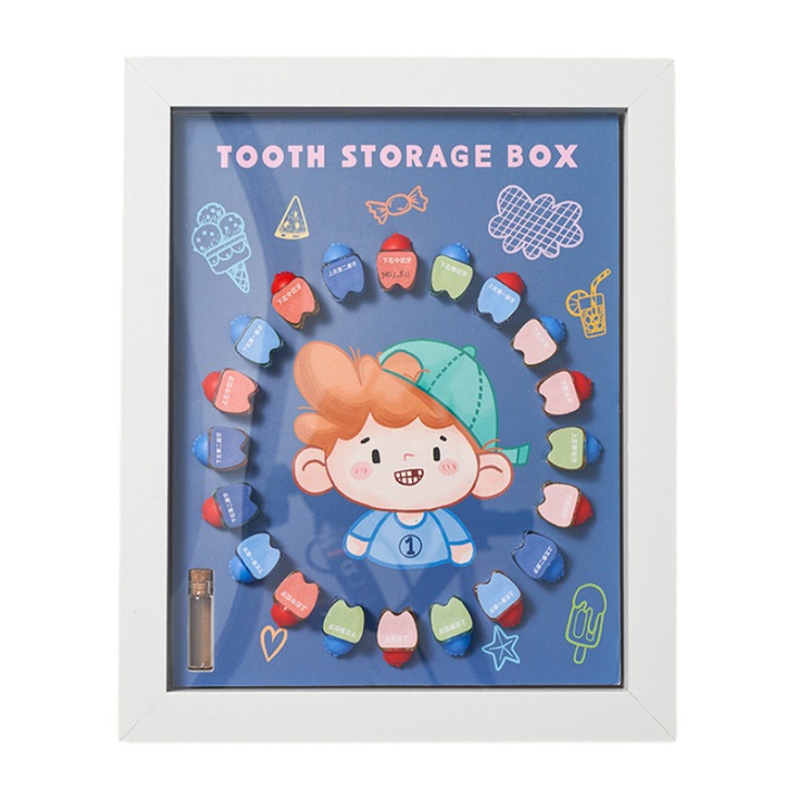 Кутия за съхранение на млечни зъбки, WALALLA, с функция фото рамка, може да съхранява млечни зъбки, пъп, сокове от коса, може да се монтира на стената, записва и съхранява спомените на бебето, синя