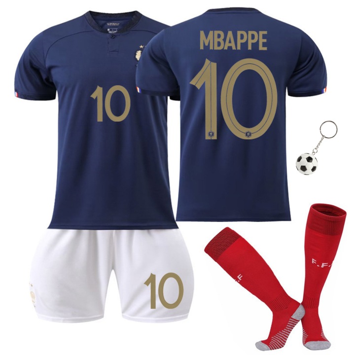 Echipament sportiv copii, Party Chili®, Paris Mbappe Cupa Mondiala Fotbal Jersey Set, sezonul 2022/2023, Ziua Copilului, Poliester, Albastru, Albastru