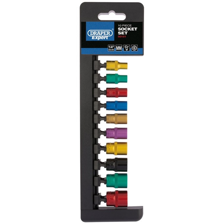 Set 10 Chei Tubulare Colorate, Cu Patrat Antrenare 1/4″ - Draper