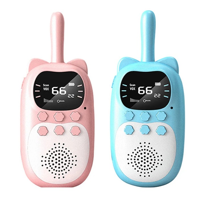 2db walkie-talkie gyerekeknek, WALALLA, LED világítással, 3 km hatótáv, 22 csatorna, Rózsaszín/Kék