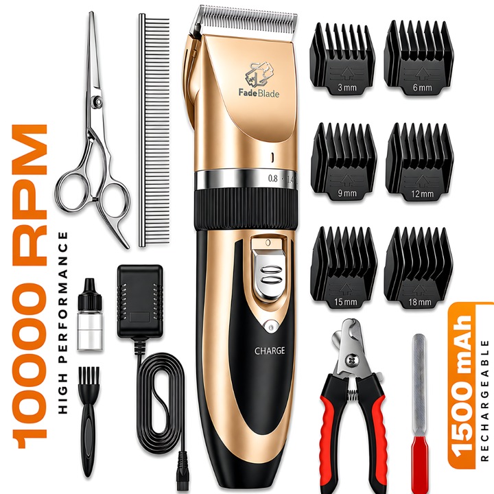 Masina Tuns Animale FadeBlade® Friendly Trim, Pentru Caini si Pisici, Lama Ceramica si Titan, 10.000 RPM, Silentioasa, 6 Dimensiuni Ghidaj, Cleste Unghii Inclus, Acumulator Aparat, Gold