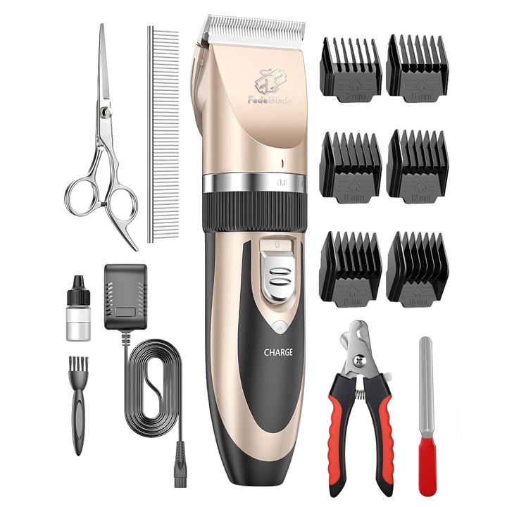 Машинка за подстригване на животни FadeBlade® Friendly Trim, за кучета и котки, керамично и титаниево острие, 10 000 RPM, безшумна, 6 размера на водачите, включени щипки за нокти, батерия на устройството 1500 mAh, златист