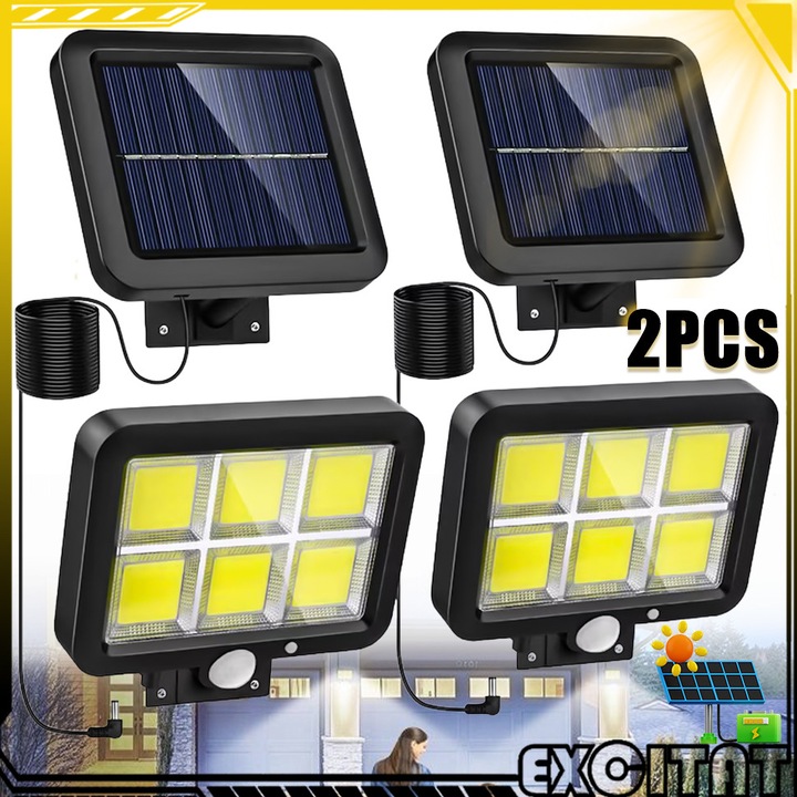 Set 2 x Lampa cu incarcare solara, cu senzori de amurg, miscare si lumina, Excitat®, 3 moduri functionare, telecomanda, 120 COB LED, negru