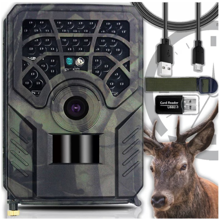 Camera vanatoare Trail, Excitat®, monitorizare fauna salbatica, supraveghere zi si noate, senzor infrarosu PIR 120 grade, distanta declansare 18 metri, stand by 12 luni, video si foto sau combinat, memorie micro SD, rezistant la apa IP56, culoare camuflaj