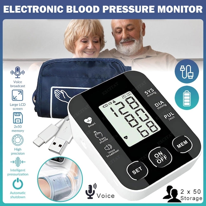 Monitor de tensiune arteriala de brat, Excitat®, 100 de grupuri de memorie, transmisie vocala, precizie ridicata, detector de batai neregulate ale inimii