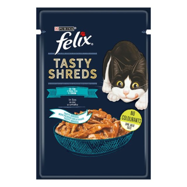 Мокра храна, Felix Tasty Shreds, Крехки късчета в богат сос с риба тон, 80g