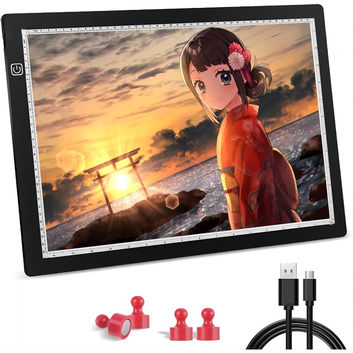 LED mágneses tábla A4 grafika, Excitat®, USB-vel, 4 mágneses tűvel, állítható fényerővel, rajzoláshoz, vázlatokhoz vagy animációhoz, fekete