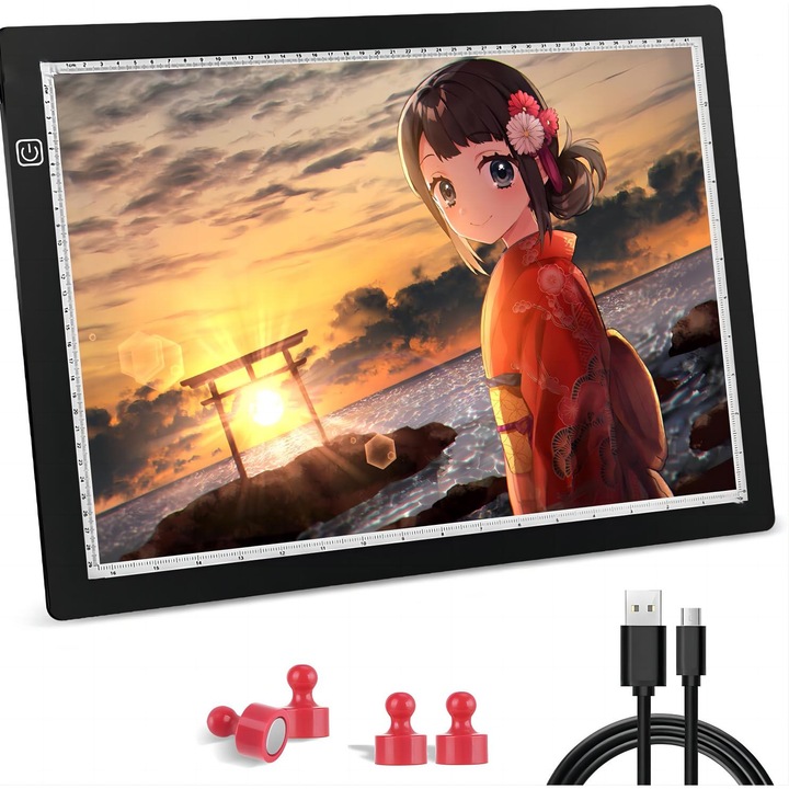 LED магнитен таблет A4 Graphics, Excitat®, включва USB, 4 магнитни щифта, регулируема яркост, за рисуване, скици или анимация, черен