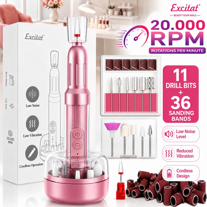 Freza unghii profesionala, Excitat®, pila electrica wireless pentru manichiura-pedichiura, reincarcabila, fara fir, Display LED, Cu sac de depozitare, 36 benzi de slefuire, 20.000 RPM, 12 capete pentru pila, design ergonomic, roz