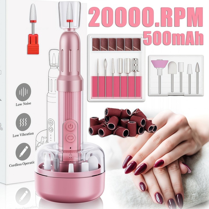 Freza unghii profesionala, Excitat®, pila electrica wireless pentru manichiura-pedichiura, reincarcabila, fara fir, Display LED, 36 benzi de slefuire, design ergonomic, roz