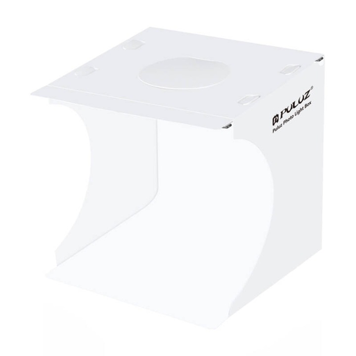 Mini studio portabil PULUZ PU5029 cu iluminare LED incorporata pentru fotografie si filmulete de produs, 2x fundaluri incluse, 20x20cm, Alb