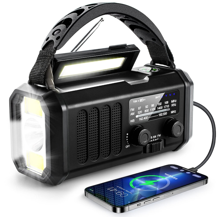 Соларно радио, WALALLA, 10000 mAh, NOAA/AM/FM, USB type C, Черен