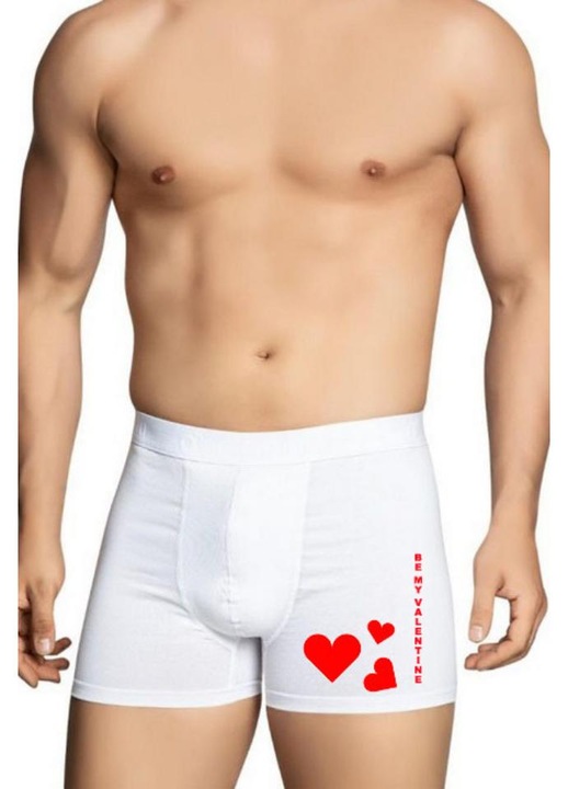 Boxeri barbatesti, personalizat manual BE MY Valentine-Heart cuplu, bumbac/lycra, white