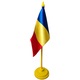 Steag tip drapel tricolor Romania, fata Dubla de Matase, 10 cm x 15 cm, suport Galben de plastic pentru birou, inaltimea 30 cm