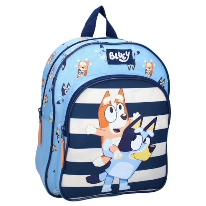 Ghiozdan pentru gradinita Bluey, Vadobag, Jump Into Fun, Rucsac Mic Prescolar pentru Copii cu Buzunar, Durabil si Rezistent, Idee Ideala de Cadou pentru Fanii Desenelor, 30 x 25 x 11 cm, Albastru