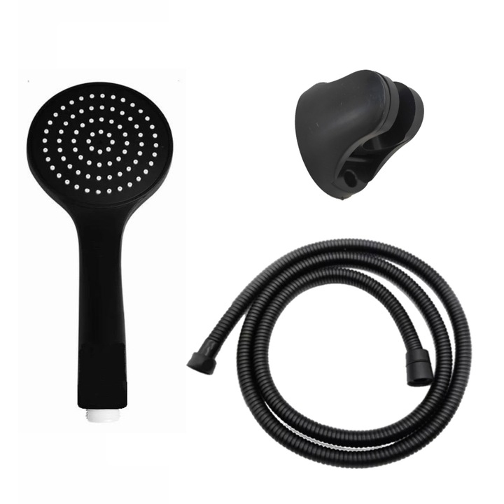 Set complet de dus, para cu 1 functie, stropitori de silicon, furtun flexibil si suport perete, Radinavico, negru