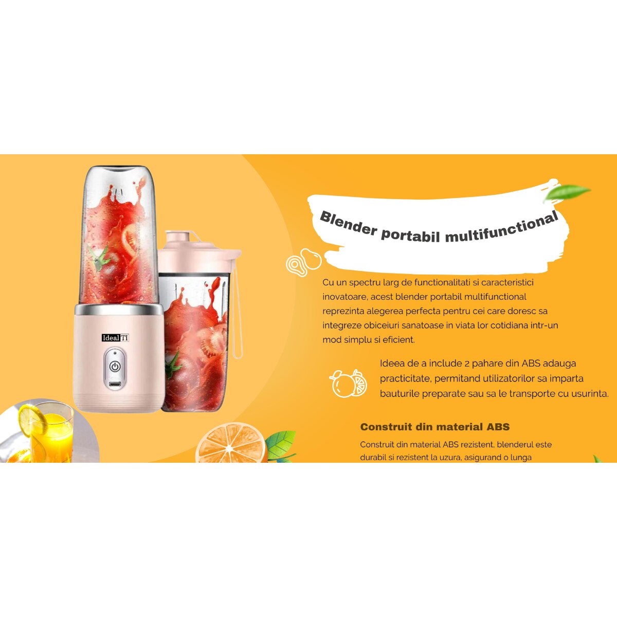 Mini Blender Portabil, Electric, Incarcare USB, 6 Lame Din Inox 3D