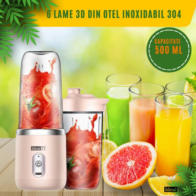 Mini Blender Portabil, Electric, Incarcare USB, 6 Lame Din Inox 3D