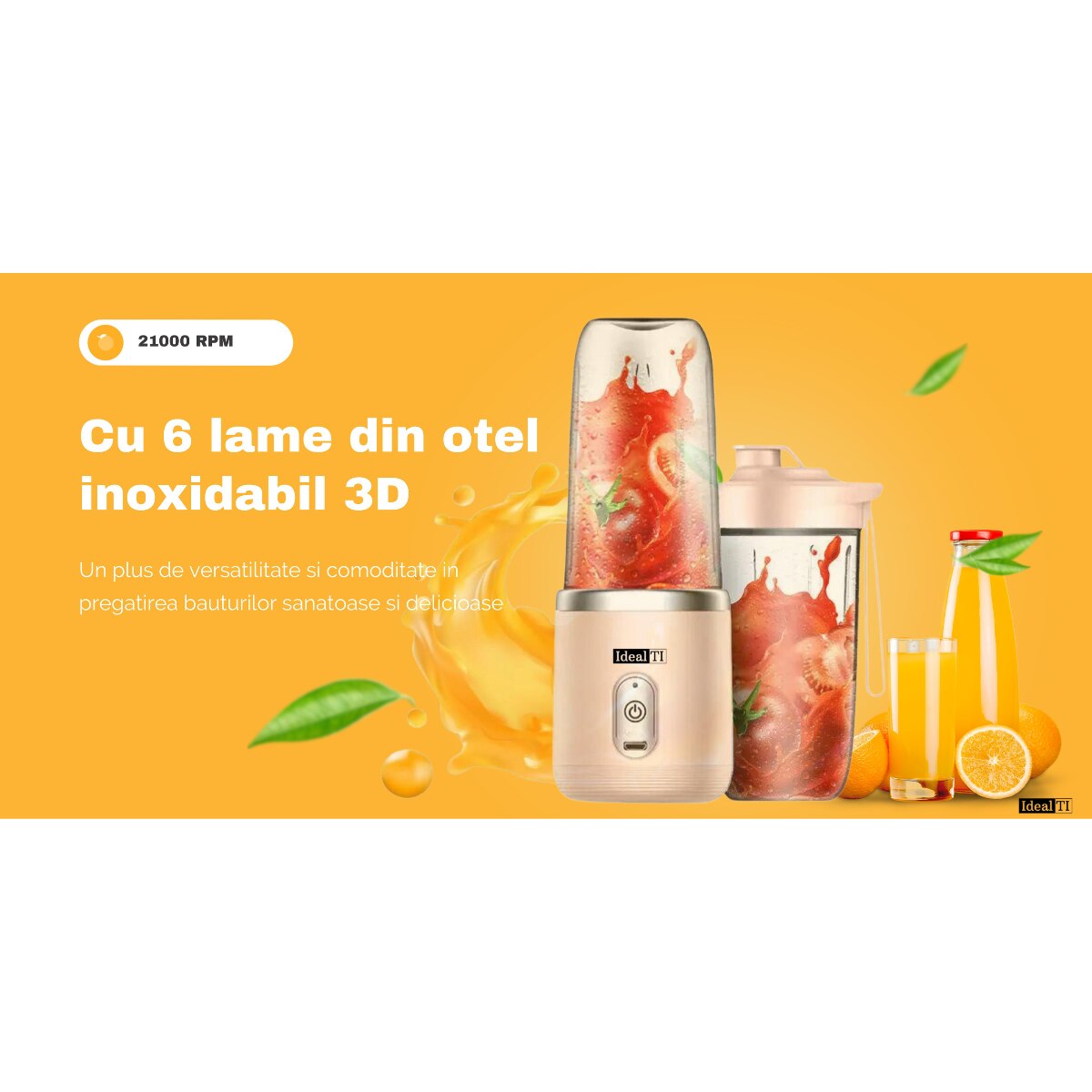 Mini Blender Portabil, Electric, Incarcare USB, 6 Lame Din Inox 3D
