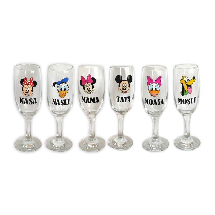 Set 6 pahare de sampanie botez pentru parinti, nasi si mosi, 19x6.5 cm
