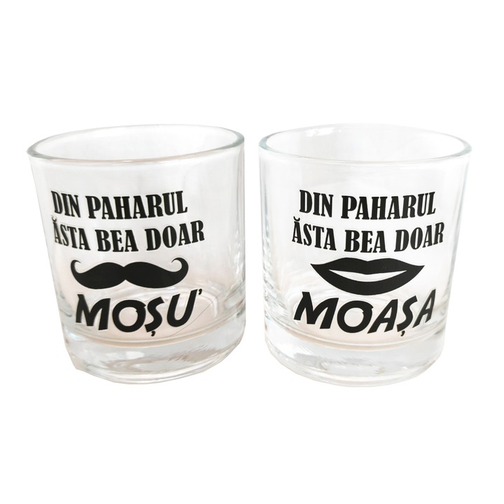Set 2 pahare personalizate pentru mosi botez, Din paharul asta bea doar mosu, Din paharul asta bea doar moasa, 300 ml