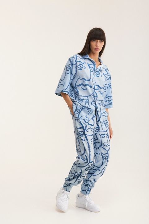 Set Camasa cu maneca scurta si Pantaloni lungi Faces dama, mysimplicated, Poliamida, Albastru, Albastru