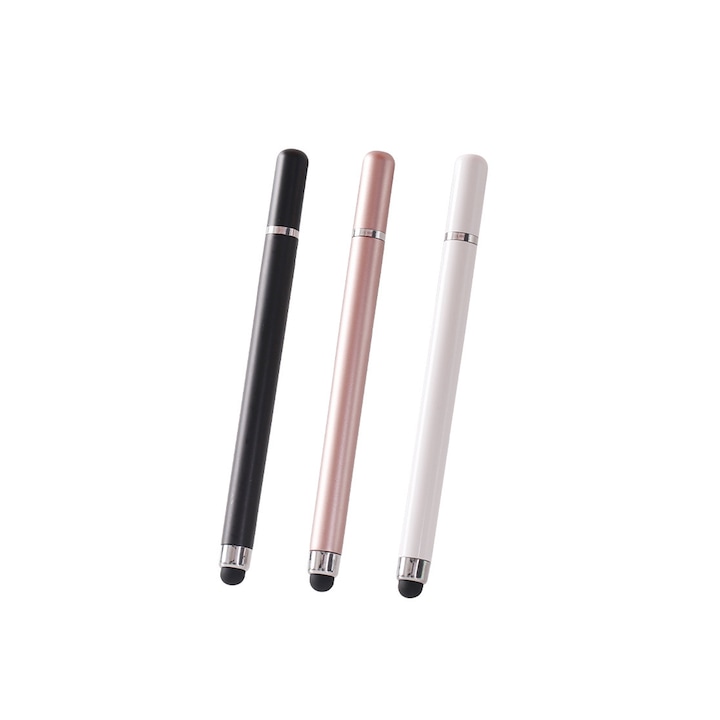 Комплект от 3 стилуса, Axroad Mall, Двойна глава, Рисуване и писане, Висока прецизност и чувствителност, С диск за сензорни екрани, Ергономичен, За таблети, телефони, Пластмаса/Силикон, 125 мм, Черен/Розов/Бял