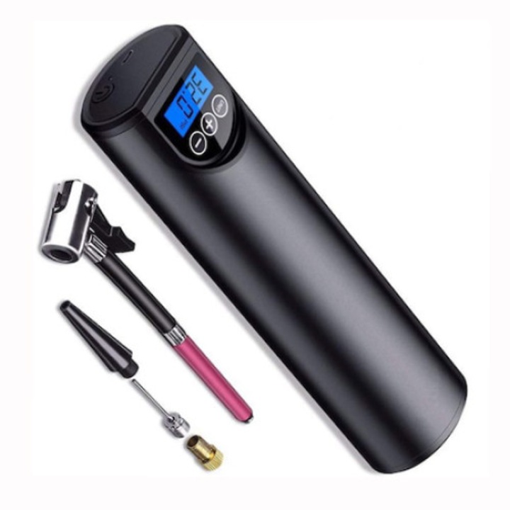 Електрическа помпа за гуми, цифров LCD, презареждащ се, включени аксесоари, бързо надуване, черен