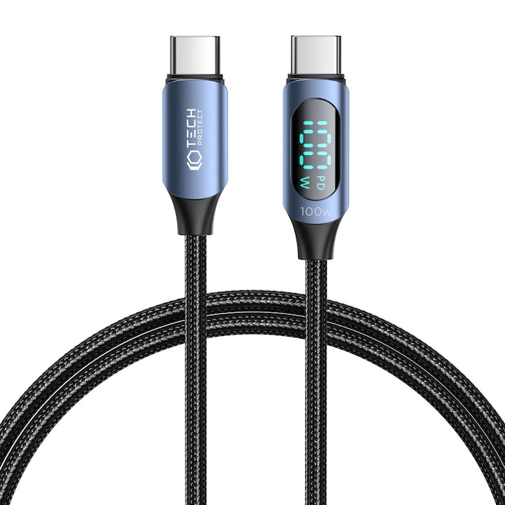 Kábel: TECH-PROTECT Ultraboost - Type-C / Type-C (USB-C) fekete szövet gyorstöltő kábel, kijelzővel 1m, 5A/100W