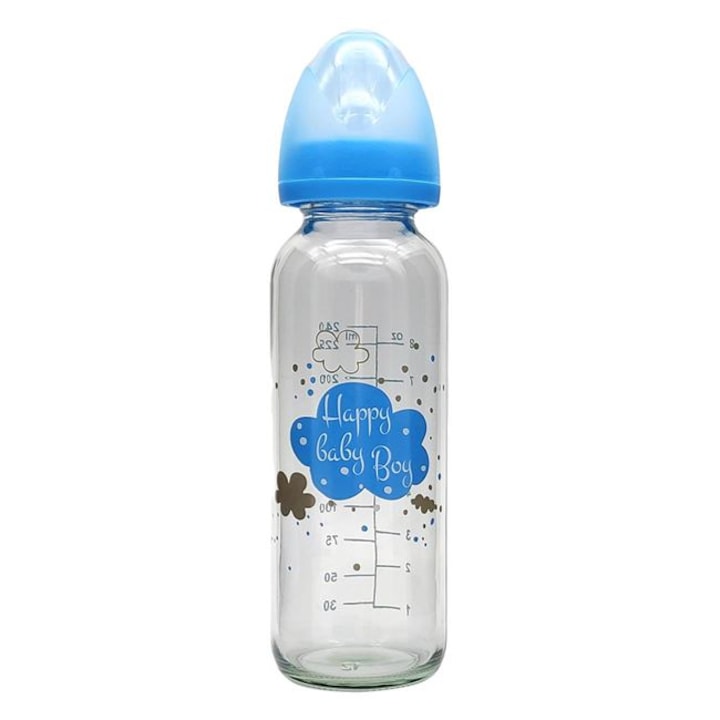 Шише за бебета, стъклено, със силиконов биберон Bleu Nor Honey Baby, вместимост 240 мл