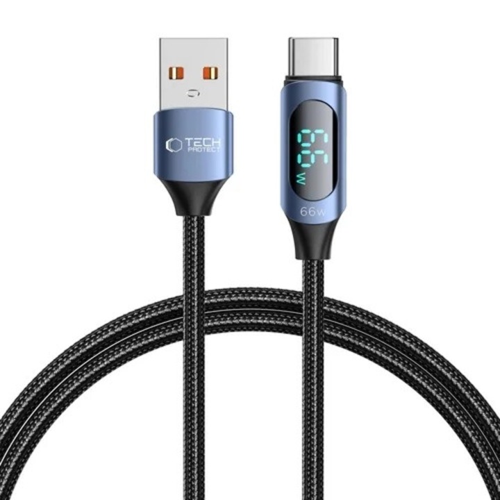 Kábel: TECH-PROTECT Ultraboost - USB / Type-C (USB-C) fekete szövet gyorstöltő kábel, kijelzővel 1m, 6A/66W