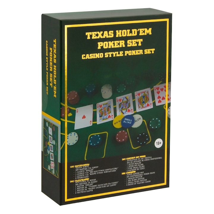 Комплект за покер iMK Texas Hold'em със специална повърхност за игра, 3 специални чипа, 2 тестета карти и включени 200 чипа ABYZ®™