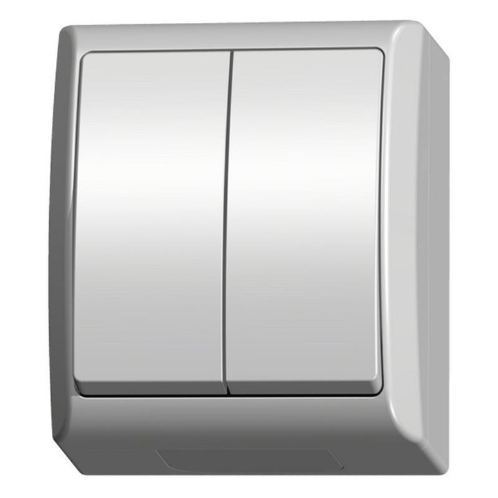 Двоен ключ за осветление, Ospel, Пластмаса, 250V, 16A, IP44, Сив