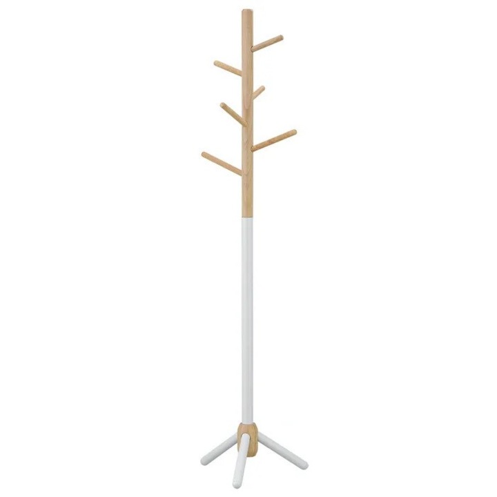 Fa típusú folyosói akasztó, 6 akasztóval, fehér fém és natúr fa kivitelben, méretei 32,5 x 32,5 x 134 cm