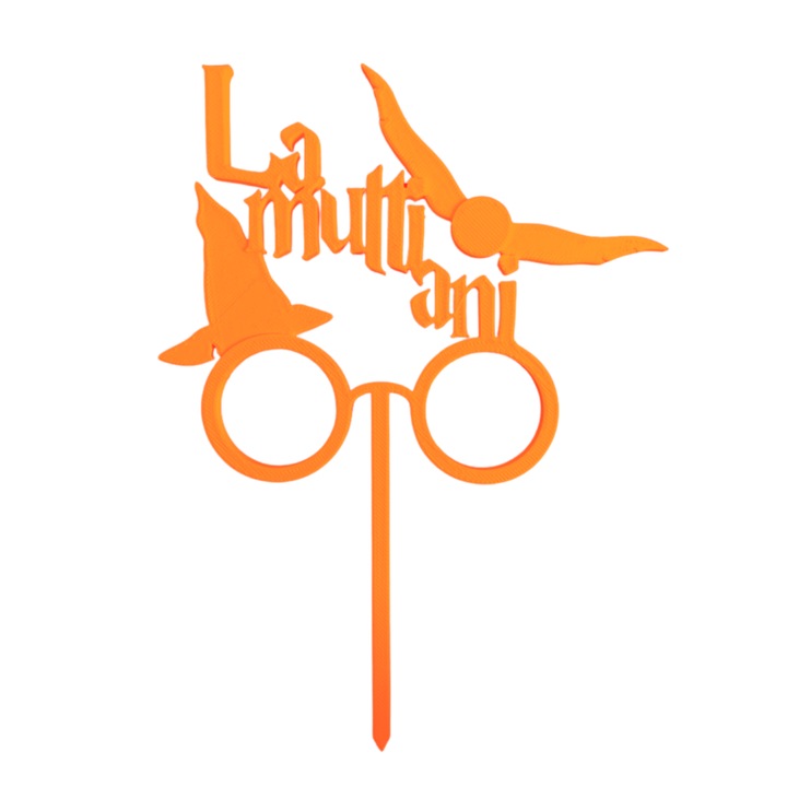 Topper tort, "LA MULTI ANI", zi de nastere, tematica HARRY POTTER 17, 5 x 12, 8 cm portocaliu