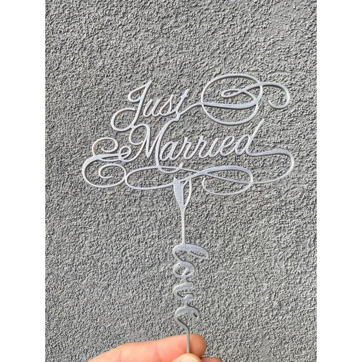 Topper tort, "JUST MARRIED-LOVE", nunta, petrecere 20.5 x 14, 5 cm argintiu